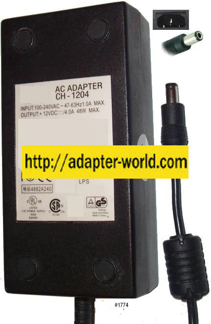 APEX CH-1204 AC Adapter 12Vdc 4A Power Supply for VIEWSONIC LCD