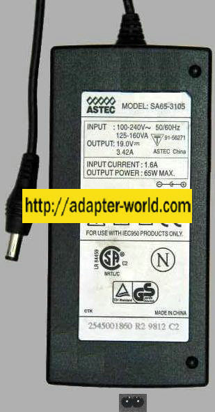 ASTEC SA65-3105 AC Adapter 19vDC 3.42A -( ) 2x5.5mm 100-240vac 6