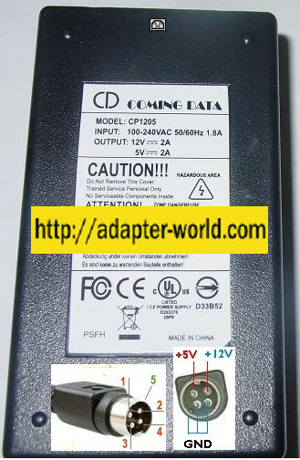 CD Coming Data CP1205 AC Adapter 12Vdc 5V 2A 4Pin 10mm power Din