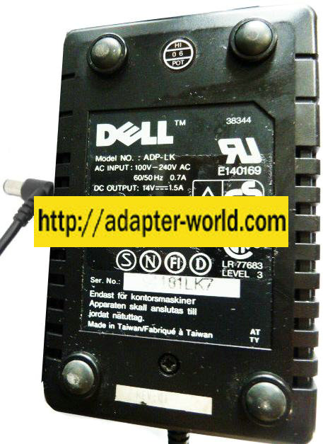 DELL ADP-LK AC ADAPTER 14VDC 1.5A NEW -( ) 3x6.2mm 90 ° RIGHT