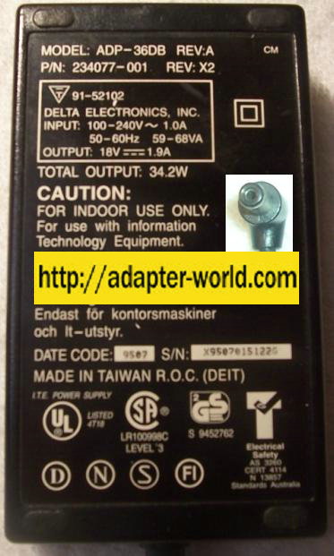 DELTA ELECTRONICS ADP-36DB REV.A AC Power Adapter AST Laptop