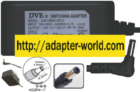 DVE DVS-090A15FUS AC ADAPTER 9VDC 1.5A 100-240V SWITCHING Power