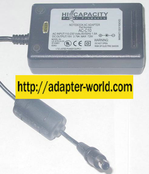 HI CAPACITY AC-C10 LE 9702A 06 AC ADAPTER 19VDC 3.79A 3.79A 72W