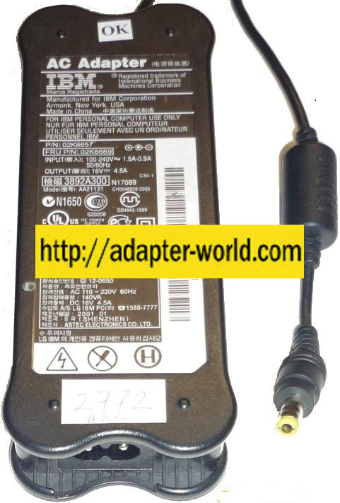 IBM AA21131 AC Adapter 16VDC 4.5A 72W 02K6657 genuine Original
