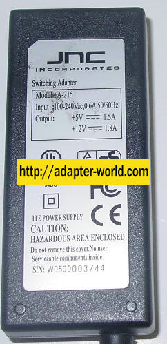 JNC PA-215 Switching AC Adapter 5VDC 1.5A 12V 1.8A 5PIN DIN Dual