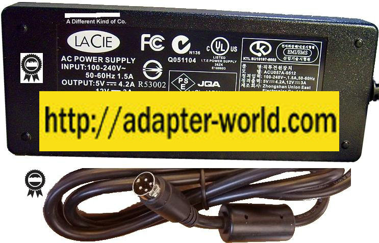 Lacie ACU057A-0512 ACLG-51 AC Adapter 5VDC 4.2A 12V 3A 4 PIN DIN
