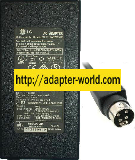 LG SAD7015SE AC ADAPTER 15VDC 4.5A 4pin 10mm LCD TV POWER SUPPLY