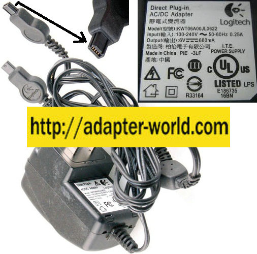 Logitech KWT06A00JL0622 AC ADAPTER 6VDC 0.6A CHARGER Powersupply