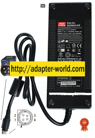 Meanwell GS220A24-R7B AC Adapter 24vdc 9.2A 221W 4Pin (::)-10mm