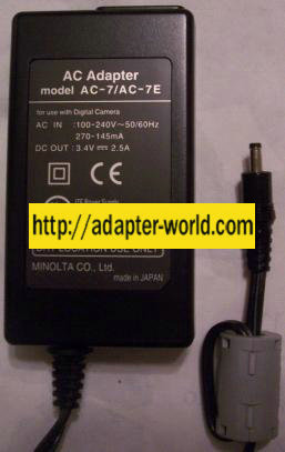 MINOLTA AC-7 AC-7E AC Adapter 3.4VDC 2.5A -( ) 1.5x4mm 100-240va