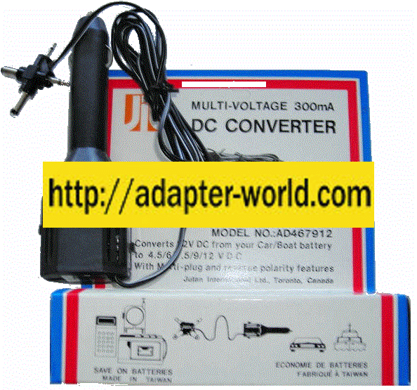AD467912 Multi-Voltage Car Adapter 12VDC to 4.5, 6, 7.5, 9 V DC