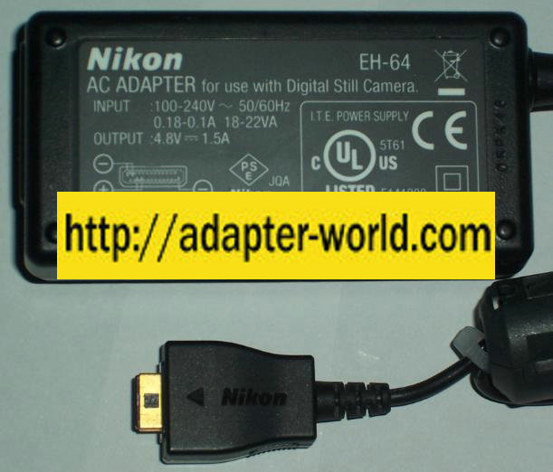 NIKON EH-64 AC ADAPTER 4.8Vdc 1.5A -( ) POWER SUPPLY FOR COOLPIX