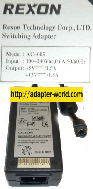 REXON AC-005 AC ADAPTER 12V 5VDC 1.5A 5Pin Mini Din POWER SUPPLY