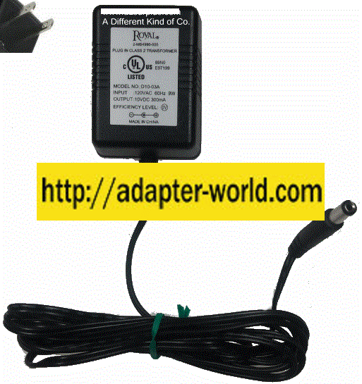 ROYAL D10-03A AC ADAPTER 10VDC 300mA New 2.2 x 5.3 x 11 mm Stra