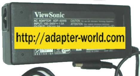 VIEWSONIC ADP-60WB AC ADAPTER 12Vdc 5A NEW -( )- 3 x6.5mm Power