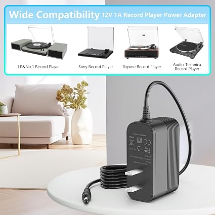 12V Power Adapter for Record Player Speakers Compatible with 1byone, LP&No.1, Sony, Audio-Technica, Record Pla
