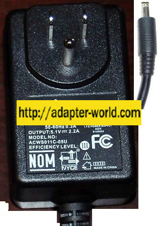 2WIRE ACWS011C-05U AC ADAPTER 5.1VDC 2.2A NEW 1.5x4mm ROUND B