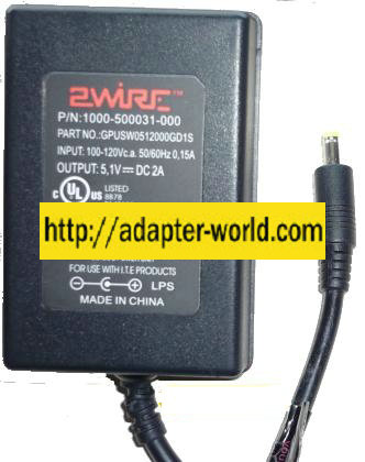 2WIRE GPUSW0512000GD1S AC ADAPTER 5.1VDC 2A -( ) 1.5x4mm 100-240