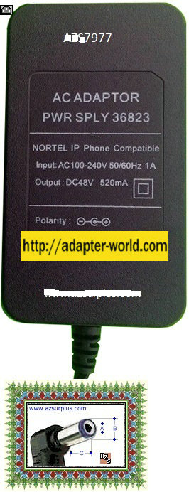 36823 AC ADAPTER 48VDC 520mA NEW -( )- 3x6.5mm 90 ° ROUND BARREL