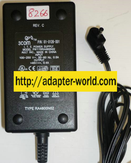 3COM AULT PW118RA4800N02 AC ADAPTER 48VDC 0.4A NEW (-) 0.7x3.5