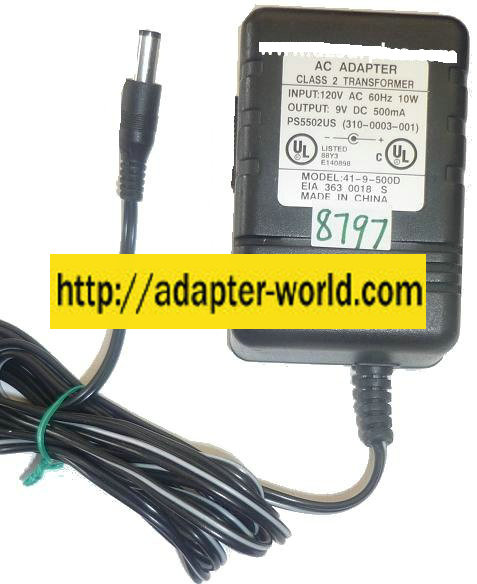 41-9-500D AC ADAPTER 9VDC 500mA NEW -( ) 2.5x5.5x11.8mm ROUND B