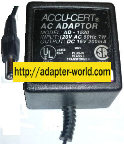 ACCU-CERT AD-1520 AC ADAPTER 15Vdc 200mA -( ) 2x5.5mm 120vac CLA