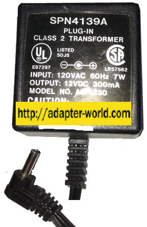 AD-1230 AC ADAPTER 12VDC 300mA NEW 1.2x3.2x10.7mm -( )- Round B
