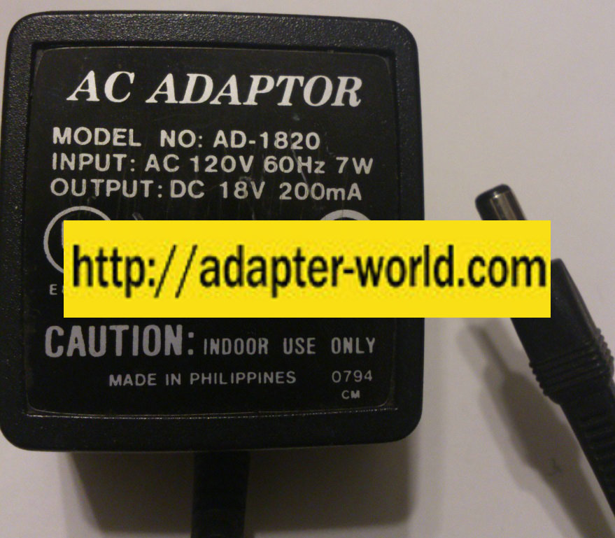 AD-1820 AC ADAPTER 18VDC 200mA NEW 2.5x5.5x12mm -( )-