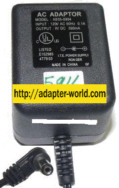 AD35-0904 AC ADAPTER 9Vdc 300mA 0.3A -( ) 2x5.5mm 90 ° PLUG IN PO