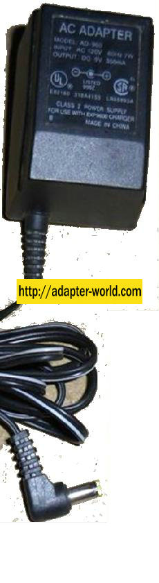 AD-960 AC ADAPTER DC 9V 350mA - ---c--- New 1.7 x 4.8 x 9.9 m