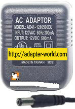 AD41-1200500DU AC ADAPTER 12VDC 0.5A -( )- 2x5.5mm 120vac 500mA