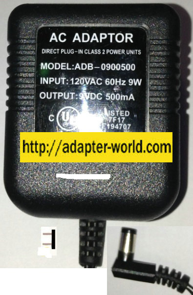 ADB-0900500 AC ADAPTER 9VDC 500mA NEW -( ) 2x5.5mm 90 ° 120vac