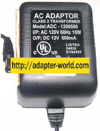 ADC-1200500 AC ADAPTER 12VDC 500mA CLASS 2 TRANSFORMER