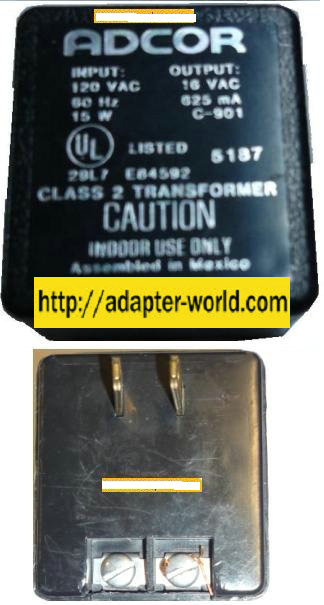 ADCOR C-901 AC ADAPTOR 16VAC 625mA CLASS 2 TRANSFORMER