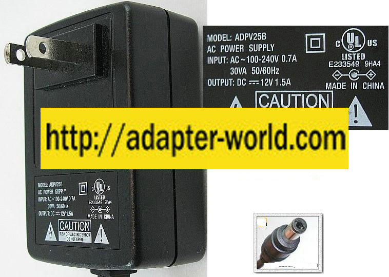ADPV25B AC ADAPTER 12V 1.5A PLUG IN POWER SUPPLY