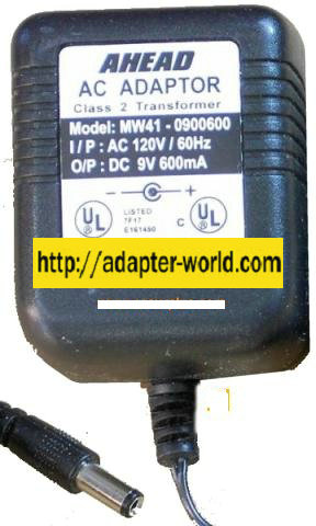 AHEAD MW41-0900600 AC ADAPTER 9VDC 600mA -( ) 2.1x5.5mm 120vac W