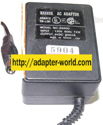 AIRMACO ON-LINE D9500 AC ADAPTER 9V 500mA DIRECT PLUG IN POWER S