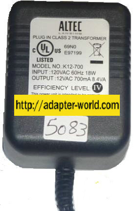 ALTEC LANSING K12-700 AC ADAPTER 12VAC 700mA ~(~) 2x5.5mm 120vac