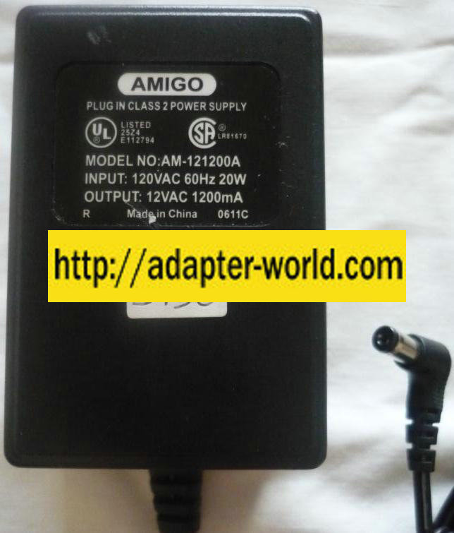 AMIGO AM-121200A AC ADAPTER 12VAC 1200MA PLUG-IN CLASS 2 POWER S