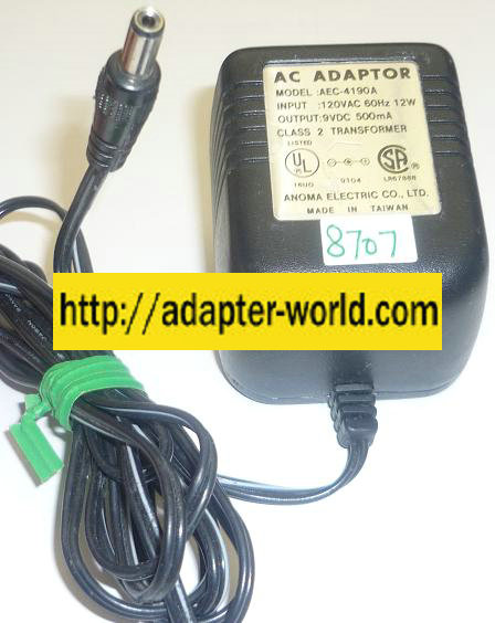 ANOMA ELECTRIC AEC-4190A AC ADAPTER 9VDC 500mA NEW -( ) 2x5x11.