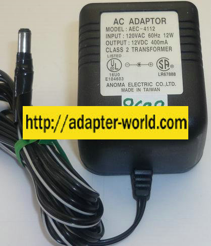 ANOMA ELECTRIC AEC-4112 AC ADAPTER 12VDC 400mA NEW -( ) 2x5.5mm