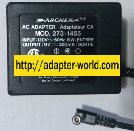 ARCHER 273-1455 AC ADAPTER 9VDC 300mA -( )- 2x5.5x10mm