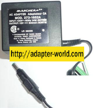 ARCHER 273-1652A AC ADAPTER 12VDC 500mA NEW -( ) 2x5.5mm ROUND