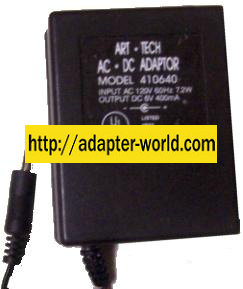 ART TECH 410640 AC ADAPTER DC 6V 400mA CLASS 2 TRANSFORMER POWER