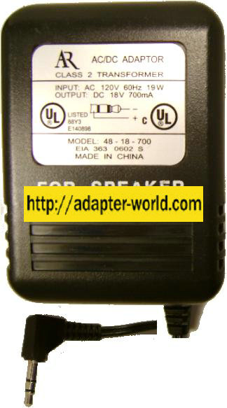 AR 48-18-700 AC ADAPTER 18VDC 700mA 19W 3.5 mm Power Supply Subw