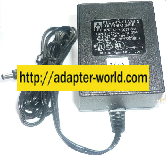 ASCEND WP572018DG AC ADAPTER 18VDC 1.1A NEW -( ) 2.5x5.5mm POW