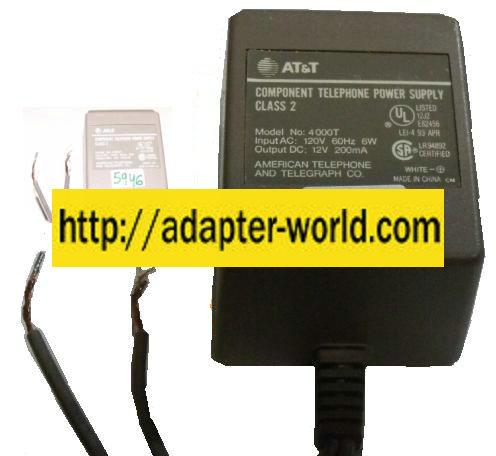 AT T 4000T AC ADAPTER 12V 200mA COMPONENT TELEPHONE POWER SUPPLY