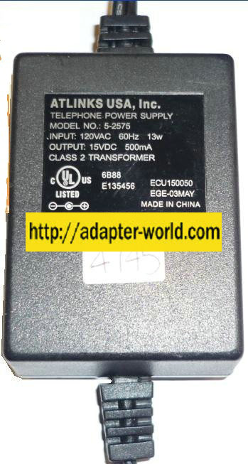 ATLINKS USA 5-2575 AC ADAPTER 15Vdc 500mA -( ) 2x5.5mm 120vac CL