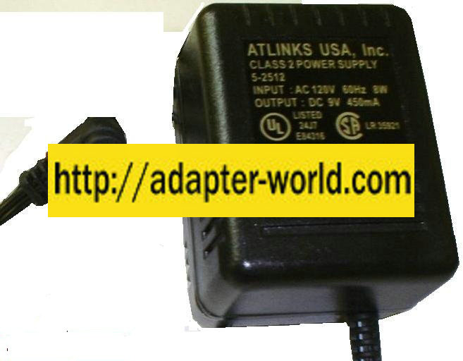 ATLINKS 5-2512 AC ADAPTER 9V 450MA CORDLESS PHONE POWER SUPPLY