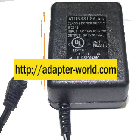 ATLINKS 5-2648 AC ADAPTER 9V 350mA CLASS 2 POWER SUPPLY